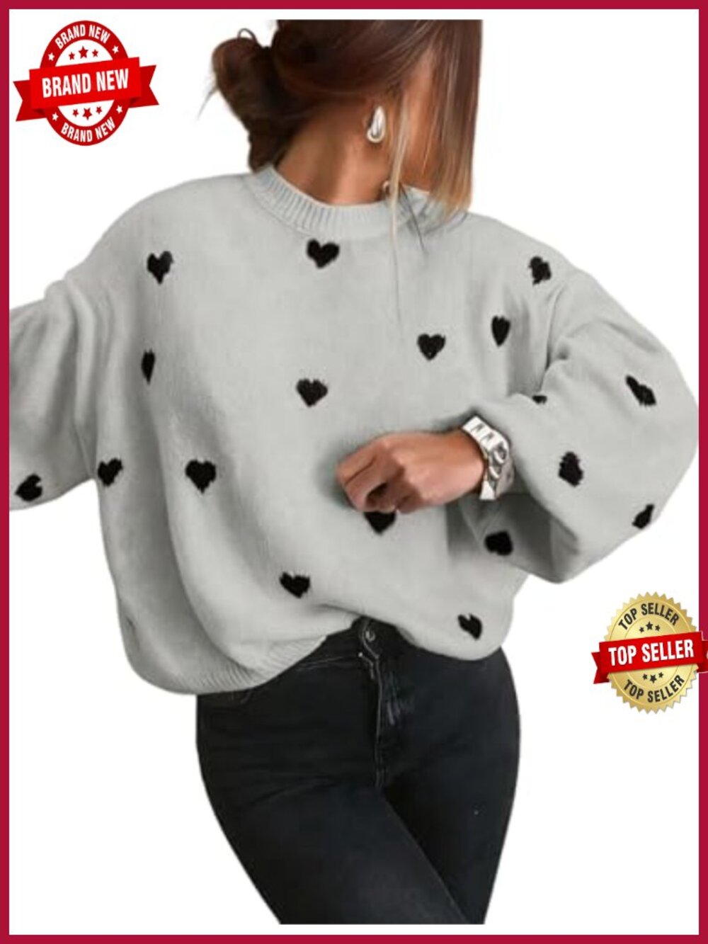 Oversized Heart Print Lantern Sleeve Sweater Pullover Crew Neck
